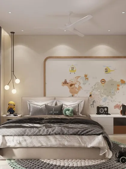 The heart of this children's room is the sleek modular bed, layered with plush pillows and set against a whimsical world map mural. The design sparks curiosity and turns global geography into a playful adventure.