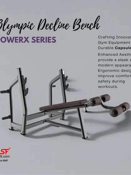 The Olympic Decline Bench from our PowerX series. This bench is designed to target the lower chest, featuring leg supports to keep you secure during the lift.