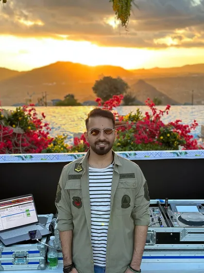 The sun goes down, the decks turn up. A beautiful sunset view during a gig in Udaipur, setting the mood for the night ahead.