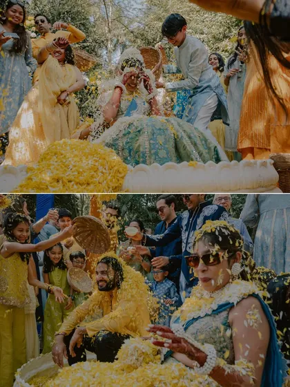 A collage capturing the sheer fun of a Haldi ceremony, where everyone gets involved in showering the couple with flower petals and turmeric.