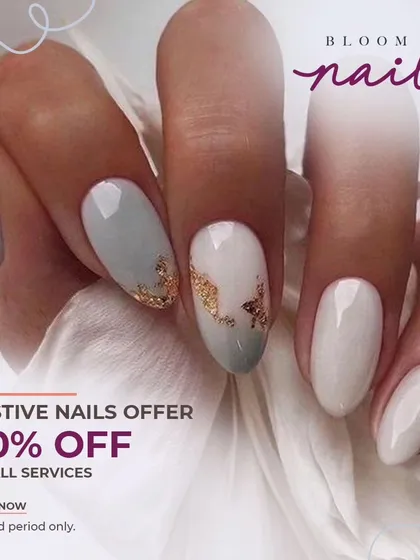 An elegant and timeless look with a mix of milky white and soft grey-blue, accented with delicate gold foil.