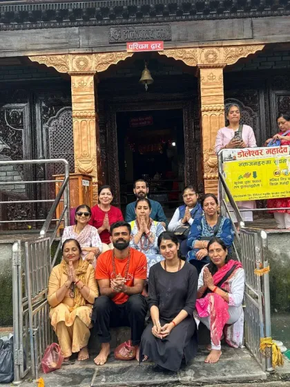 Our sangha seated at the steps of the Doleshwar Mahadev shrine. The energy here is potent, and one can effortlessly slip into a meditative state.