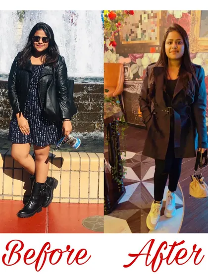 This is what consistency and a little bit of 'zid' (stubbornness) can do. This amazing student's nine month transformation journey makes me so happy and proud. We worked together in my online fitness and yoga classes to achieve this incredible weight loss and inch loss.