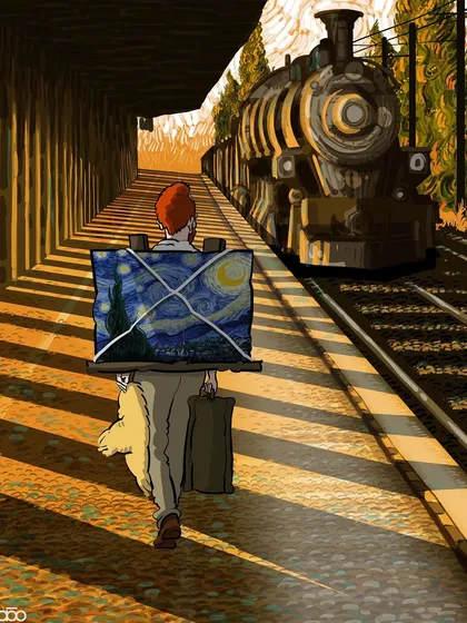 The artist leaves his homeland, but he doesn't leave it behind. He carries his home in his heart and on his back, with the "Starry Night" strapped to him like a window to the world he left. It's an illustration about immigration and carrying your identity with you.