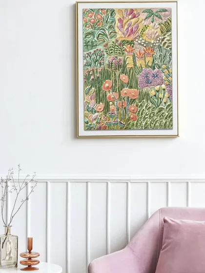 Beyond large murals, I create luxury textured canvas pieces. This 'Molded Impressions' artwork, with its vibrant floral relief, adds a unique, touchable element of decor that can brighten any room.