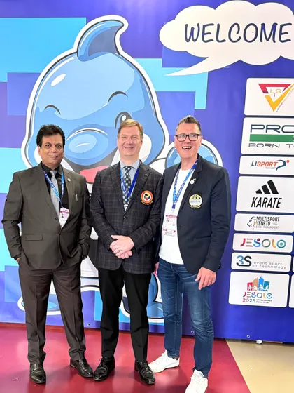 With the General Secretary and Vice President of the Commonwealth Karate Federation in Venice, Italy. My role as 2nd Vice President helps promote Indian karate within the Commonwealth.