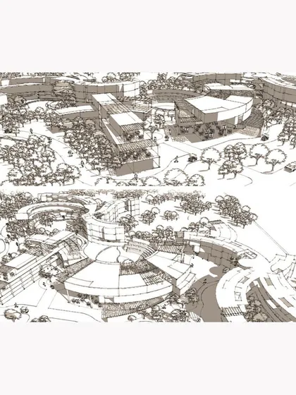 This conceptual sketch for an institute at BHU captures our core idea: to let the buildings fall between the trees like a 'divine intervention'. Our architectural design process always begins with respecting the existing land and its natural elements.