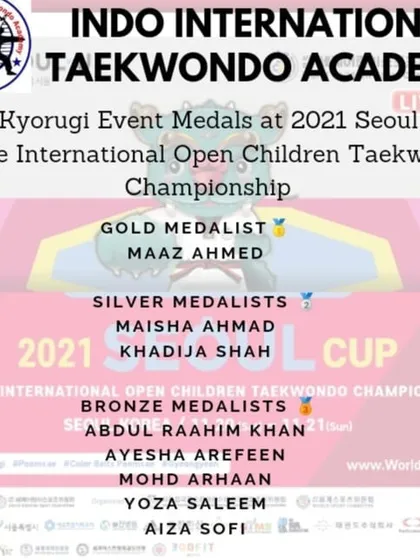 Our students made their mark on the world stage, winning multiple medals in the Mitt Kyorugi (sparring) event at the 2021 Seoul Cup Online International Championship.