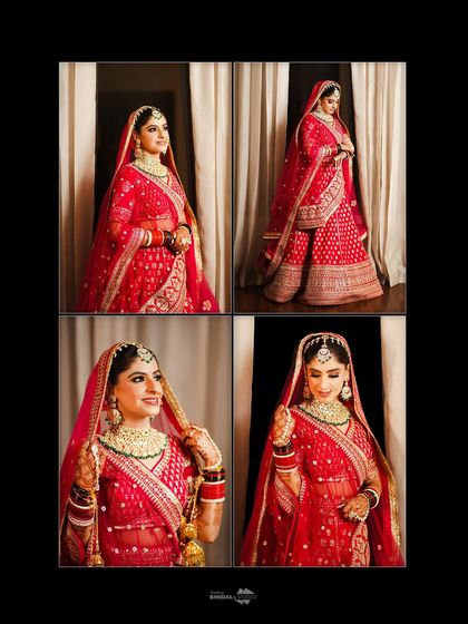 A four-part collage showcasing the bride's stunning red lehenga from all angles. A perfect way to document the beauty of the bridal outfit.