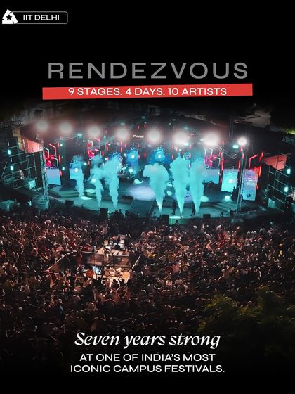 Seven years strong at Rendezvous, IIT Delhi. This aerial shot shows the massive crowd and the complex stage setup we managed across 9 stages.