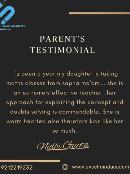 A parent, Nidhi Gupta, shares her experience after a year of Maths classes, noting our effective teaching, concept explanation, and doubt-solving skills that make kids love the classes.
