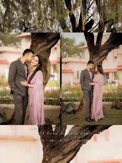 A romantic collage from a garden pre-wedding shoot, using the natural frame of a tree to create an intimate portrait.