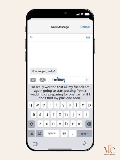 That feeling when you type "I'm fine" but what you really mean is you're worried about finding a plus-one for the upcoming wedding season. I get it.