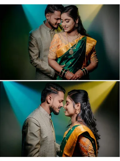 A collage of two portraits with creative studio lighting. The colorful background adds a modern, artistic flair to these traditional engagement photos.