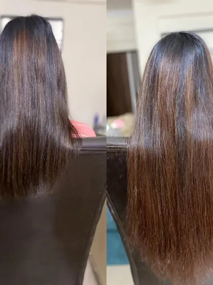 A permanent hair extension service that added beautiful highlights and significant length, completely transforming the client's look.
