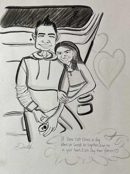 This piece captures a tender moment, complete with a heartfelt quote. It's a great example of how we can personalize your caricature to tell your story.