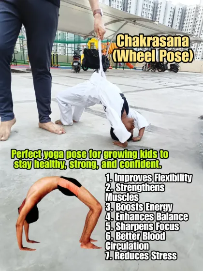 We incorporate yoga poses like Chakrasana (Wheel Pose) into our training to build back flexibility, shoulder strength, and overall body control, which are vital for Taekwondo.