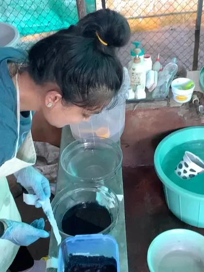 A closer look at the indigo dyeing process. This hands-on approach allows me to control the depth of color and achieve the exact results my brand partners are looking for.