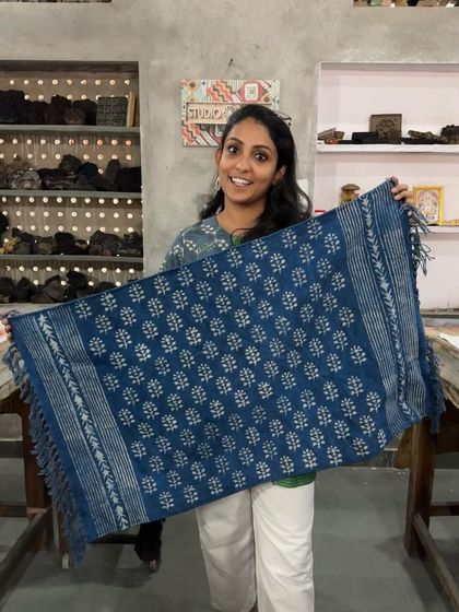 The final result! I am so proud of this beautiful Dabu-printed rug, dyed with natural indigo. The combination of the print and the rich blue color is just stunning.
