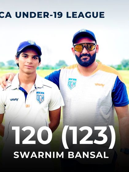 A graphic celebrating Swarnim Bansal's century in the DDCA Under-19 League.