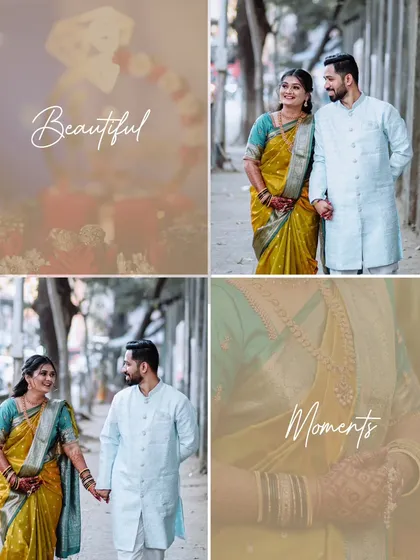 This engagement collage captures a couple's romantic walk and close-up details of their traditional attire.