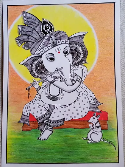 A meditative artwork combining my love for Lord Ganesha and mandala patterns. I used a fountain pen for the intricate black and white details of Ganesha playing his flute, with a soft pencil color background to make him stand out.
