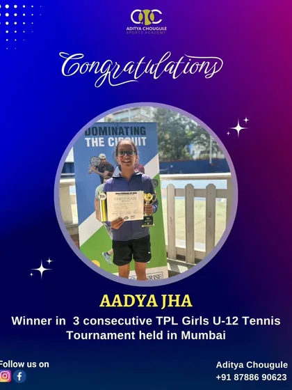 We celebrate Aadya Jha, winner in three consecutive TPL Girls U-12 Tennis Tournaments in Mumbai. Her dominance on the court is inspiring.