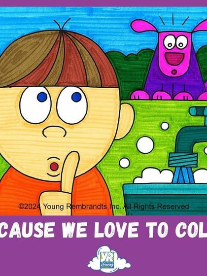 We love to color. This fun cartoon scene emphasizes the joy of using bright, bold colors to bring a drawing to life, a key part of every lesson we teach.