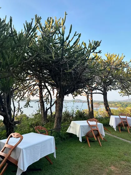 A view of the landscape at the Kandalama Hotel in Sri Lanka, a masterpiece by Geoffrey Bawa. The way the architecture is integrated with the natural environment, overlooking a serene lake, is a profound source of inspiration for us.