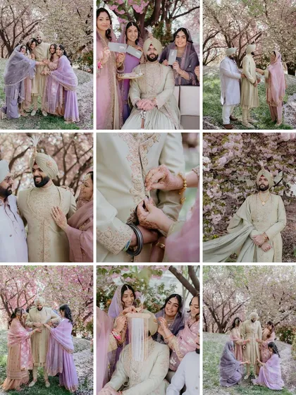 A collage showcasing the groom's getting ready moments. From the tying of the turban to the final touches from his family, these shots tell the story of his preparation for the big day.