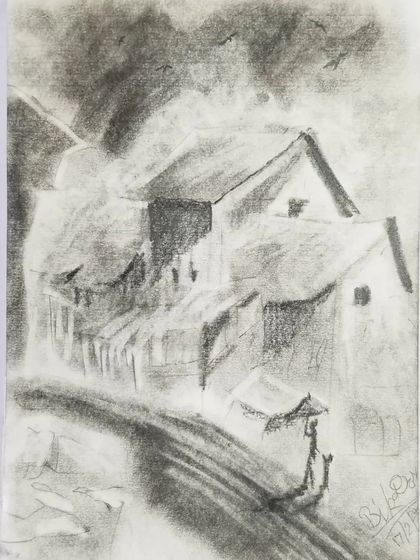 This beautiful charcoal drawing of a rainy village scene was made by an 8 year old. Amazing work.
