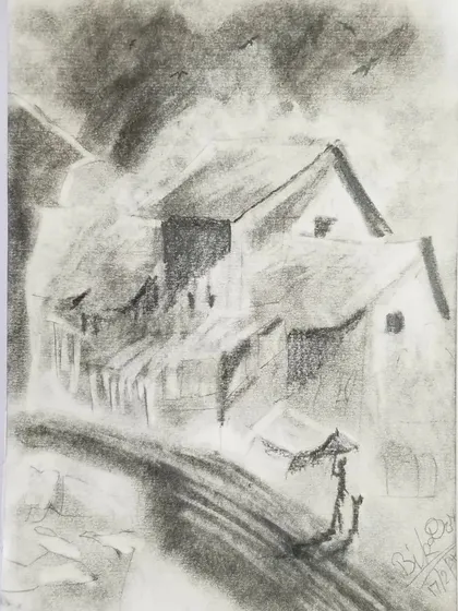 This beautiful charcoal drawing of a rainy village scene was made by an 8 year old. Amazing work.