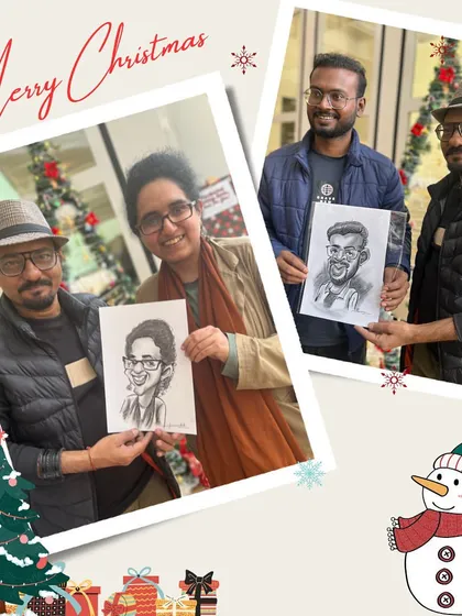 Spreading Christmas cheer at a corporate party with live caricatures. It's a great way to make the celebration even more merry for employees.