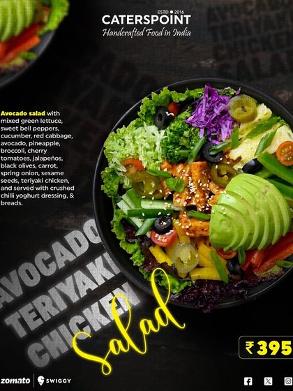 Our Avocado Teriyaki Chicken Salad is a must-try. It combines mixed green lettuce, sweet bell peppers, creamy avocado, and teriyaki chicken, all served with a crushed chili yogurt dressing for a perfect balance of flavors.