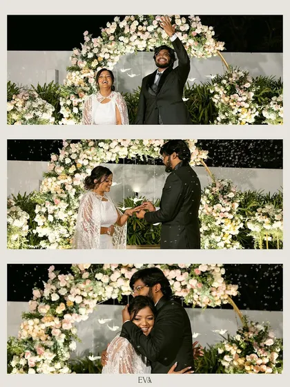 A collage capturing the key moments of the ring ceremony under a floral arch, from the entrance to the emotional embrace.