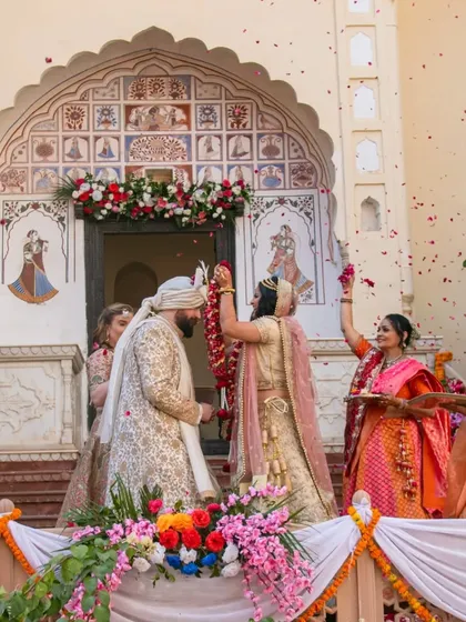 A beautiful varmala moment from a destination wedding in Jaipur. Whether your shadi is local or in a palace, I travel to capture your story against any backdrop.