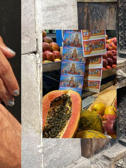 A layered image of a fruit stall with religious calendars, set against a backdrop of antique architectural details.