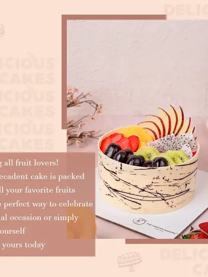 For those who love a lighter, fresher option, our Fresh Fruit Cake is the perfect choice. It's topped with a vibrant assortment of seasonal fruits like kiwi, dragon fruit, strawberries, and grapes for a beautiful finish.