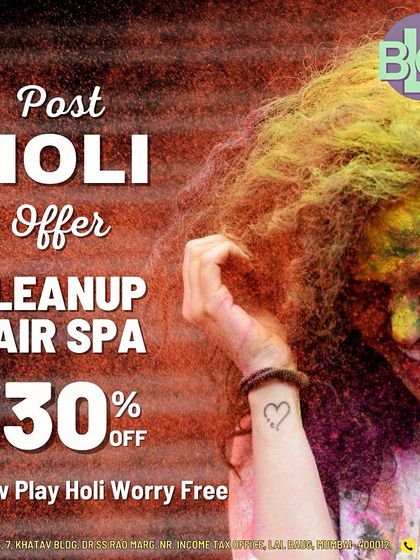 Don't let Holi damage your hair. Take advantage of our post-Holi offer with 30% off on cleanup and hair spa services.