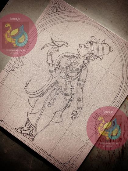 The pencil sketch of the standing Meenakshi, showing the full composition with the traditional arch.