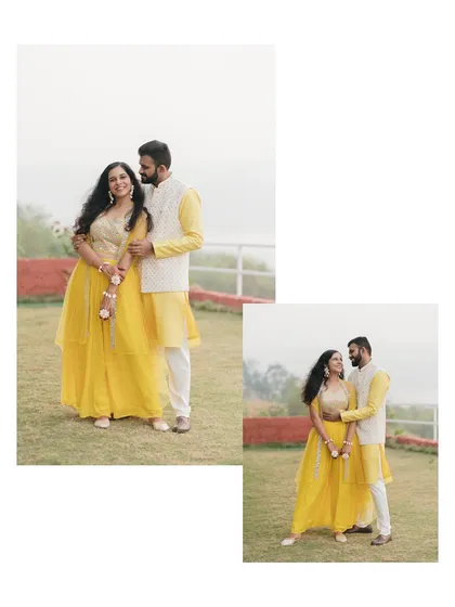 A lovely collage of the couple's portraits during their Haldi function. The soft, natural light and outdoor setting create a relaxed and romantic feel.