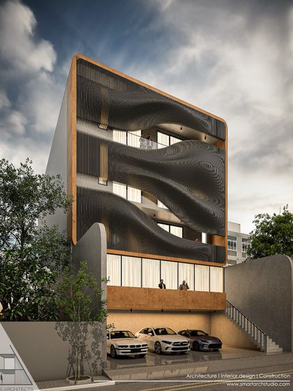 For this commercial project in Tagore Park, we designed a kinetic façade using parametric modeling. The undulating black panels create a sense of motion and a visually arresting texture that changes with the light.