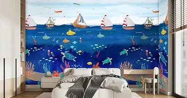 An underwater world comes to life in this vibrant mural from the Funzone collection. With submarines, boats, and sea creatures, it turns a bedroom into an ocean adventure.