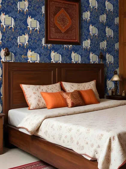This bedroom showcases a traditional Kalamkari wallpaper with a repeating cow motif against a rich blue background. It adds a touch of classic Indian artistry and elegance to the room.