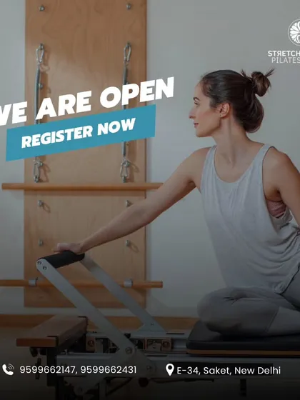 Another view of our studio space, emphasizing that we are open and encouraging new members to register and begin their Pilates journey.