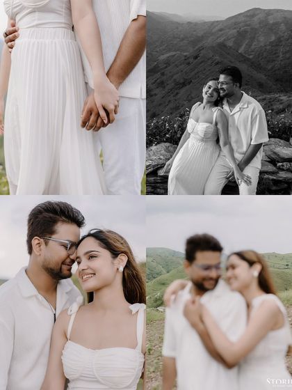 A collage of romantic moments, both in color and black and white, from their mountain pre-wedding shoot.