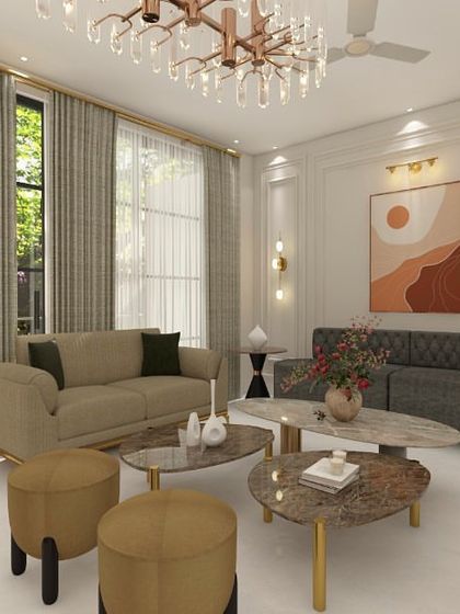 A 3D render of a spacious living room with customized furniture. The neutral sofas are paired with elegant coffee tables and a modern chandelier.