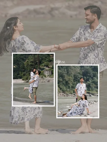 A collage of a couple in matching floral outfits, capturing their playful and romantic interactions on the riverbank.