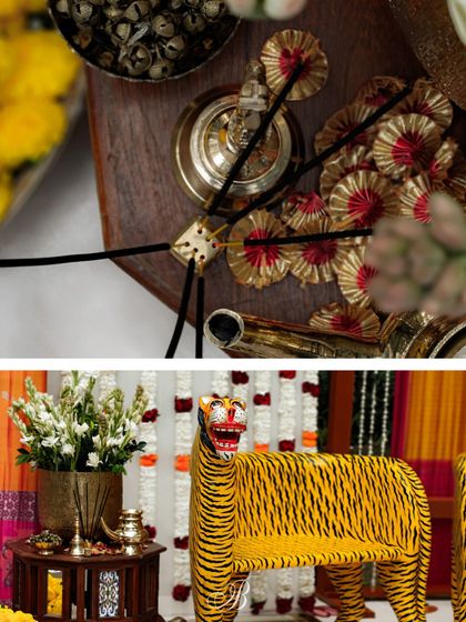 Details of the main stage, where the fierce tiger chair sits beside delicate brassware and fragrant incense. This juxtaposition of bold and traditional elements is a hallmark of my personalized design approach.