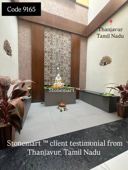 A wide shot of the prayer room in our client's home in Thanjavur, featuring our 2-foot white marble Buddha statue. The entire setup is beautifully designed and peaceful.